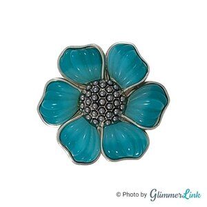 Vintage Molded Lucite Six Petal Teal Flower Silver Tone Brooch Pin